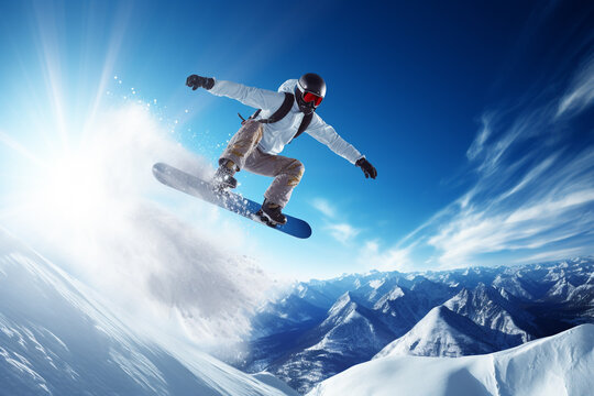 Snowboarder launching on mountains in the winter with beautiful blue sky background. Extreme sport on vocation season.