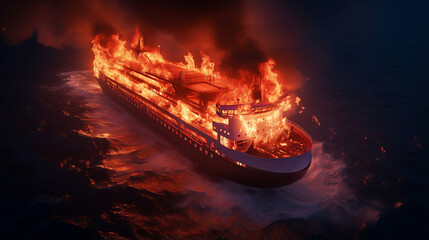Passenger ocean liner ship engulfed in fire on high seas amidst turbulent waves, tragic and dramatic maritime incident, unpredictable and formidable power of sea, fire on cruise ship, aerial view - obrazy, fototapety, plakaty