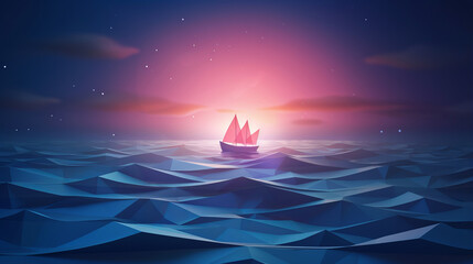 Lonesome ship navigates through tranquil seas in polygonal geometric style evokes wanderlust and desire for uncharted waters, passionate pursuit of new experiences and exploring unknown - obrazy, fototapety, plakaty