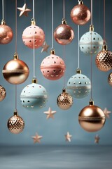 Christmas balls and baubles on white background.