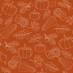 Autumn seamless pattern with pumpkins, acorns and leaves. Vector illustration for modern design of fabric, wallpaper, wrapping, textile.