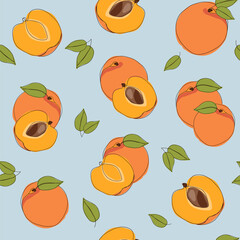 Apricots. Seamless pattern abstract hand drawn fruit by one line. Fruit repeated background for wallpaper, wrapping, packing, textile, scrapbooking.