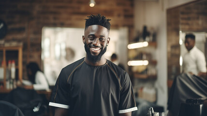 Portrait of handsome young african american barber posing with his arms crossed inside a barbershop. 
