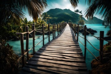 Naklejka premium The wooden bridge overlooking the sea leads to an island with palm trees. It's a rope bridge