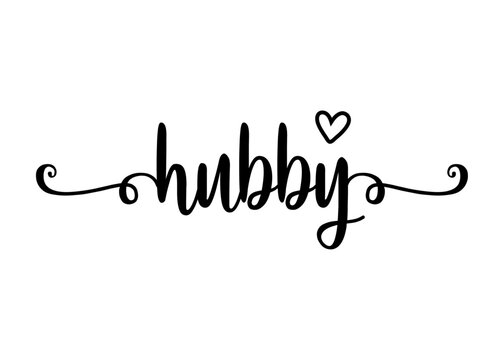 Logo con palabra en texto manuscrito hubby con raya de decoraci&oacute;n de caligraf&iacute;a y coraz&oacute;n para su uso en invitaciones y tarjetas de San Valent&iacute;n