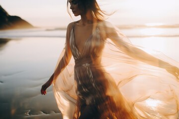 A beautiful woman in a modern dress at the beach at the golden hour. A shot of a model in a magazine-style fashion film photograph - Powered by Adobe