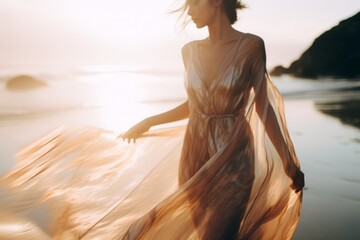 A beautiful woman in a modern dress at the beach at the golden hour. A shot of a model in a magazine-style fashion film photograph - obrazy, fototapety, plakaty