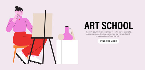 Creative background of painting workshop, drawing class with brushes, paints, pencils. Horizontal advertising poster with woman holding painters stationery near canvas. Vector illustration.