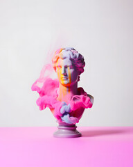 A sculpture, beautiful face, neon pink smoke around, creative composition, contemporary pop art idea. 