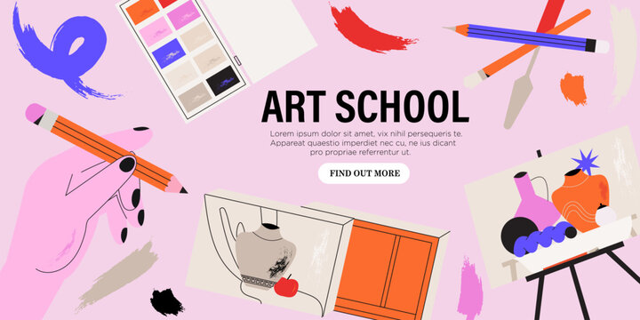 Banner with art supplies border. Creative background of painting workshop, drawing class with brushes, paints, pencils. Horizontal advertising poster with painters stationery. Vector illustration.