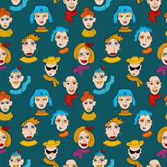 Abstract comic faces seamless pattern. Human portraits vector illustration