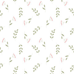 Seamless pattern, small wild flowers and scattered leaves. Floral rustic background, print, textile, wallpaper, vector