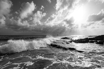 Panorama at “Grand Anse des Salines“ beach on tropical island Martinique in the Caribbean. Volconic rock and sandy beach in Saint Anne in the french paradise with wavy surf. Dramatic black and white.