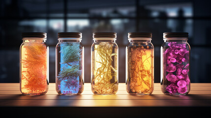 bacteria in transparent jars. generative AI - obrazy, fototapety, plakaty