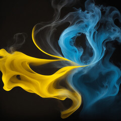 Abstract yellow blue smoke on solid black background.