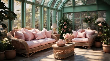 Pink and green cottage style interior room. Generative AI.