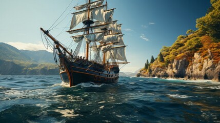 Pirates ship in open sea. Generative AI.