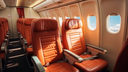 Plane interior with seats. Generative AI.