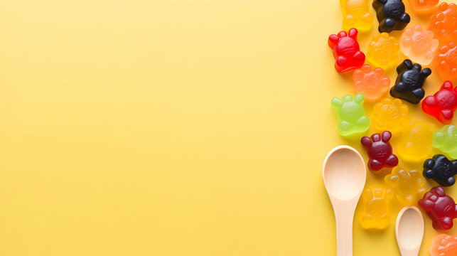 Flat lay composition with delicious jelly bears candy in wooden spoon, gummy bear on yellow background,Generated Ai