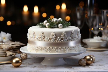 Fototapeta premium Christmas cake covered with white icing or chocolate against a background of bokeh lights