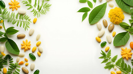 Flat lay, top view Pills, medical tablets with green plants, leaves on white background,Generated Ai