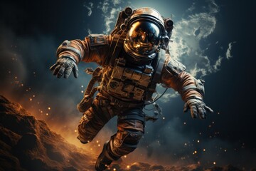 Portrait of astronaut in outer space floating in space. Astronaut in space, on mars, spacewalking