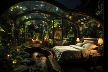 Bedroom interior. The concept of an ecological hotel in the future