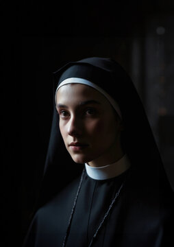 immagine primo piano ritratto di giovane suora, novizia in abito religioso, sfondo interno scuro
