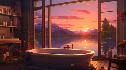 bath tub with sunset over the lake view lofi anime cartoon style