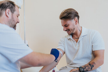 Experienced Healthcare Professionals Checking Patient Receiving Infusion in Hospital Room