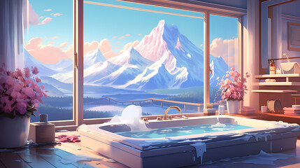 luxury bath tub with snow mountain relaxing lofi anime cartoon style - obrazy, fototapety, plakaty