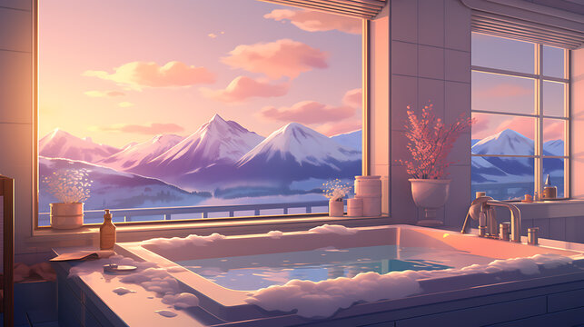 bath tub with sunset in the mountains relaxing lofi anime cartoon style