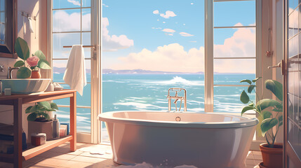 bath tub with window of the sea view relaxing lofi anime cartoon style