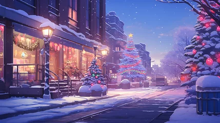 Crédence de cuisine en verre imprimé Voitures de dessin animé christmas tree with light on the street in the city relaxing lofi anime cartoon style