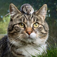 Portrait einer getigerten Katze im Gras mit einer Maus auf dem Kopf.
Ungewöhnliche Freundschaft
Süße Haustiere