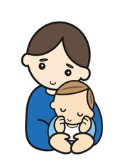 眠る赤ちゃんを抱っこするパパ