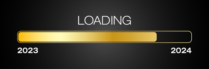Vector of a loading bar in gold with the message loading 2024 over dark background - new year concept - represents the new year 2024. - obrazy, fototapety, plakaty