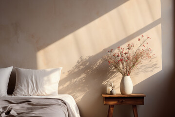 Vases with flowers on the bedside table with sunny shadows in the bedroom in rustic style