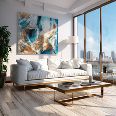 Modern bright interior of the living room with a sofa and a coffee table, a painting on the wall and a floor lamp near the large window in the apartments