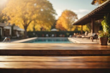 Empty wooden table top with swimming pool in background with bokeh autumn sunlight. Generative Ai. - obrazy, fototapety, plakaty