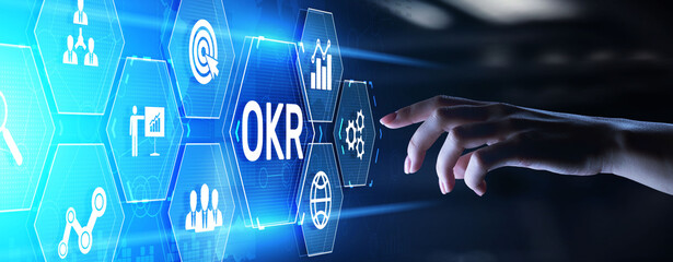 OKR Objective key result business finance concept on screen. - obrazy, fototapety, plakaty