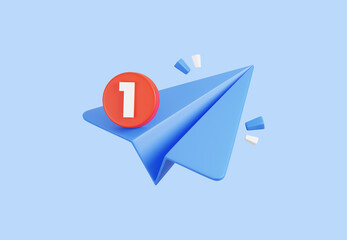 3D icon of blue paper airplane with new notification symbol isolated.