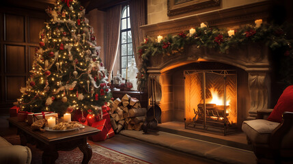christmas tree with fireplace with christmas decoration with traditional living room