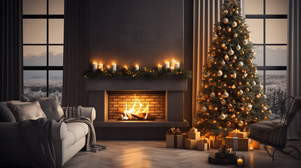 fireplace with christmas tree and christmas decoration in a dark cozy relaxing modern licing room
