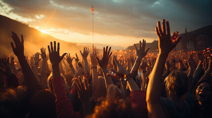 Hands in The Air of A Crowd at A Music Festival At Sunset Blurry Background - obrazy, fototapety, plakaty