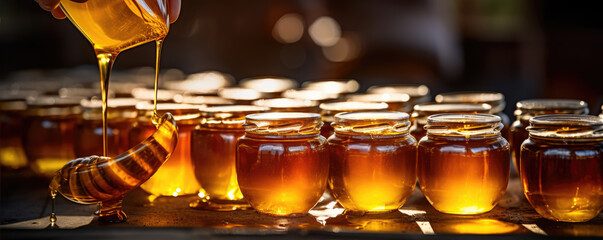 Fototapeta na wymiar Filling empty jars with fresh honey in factory.