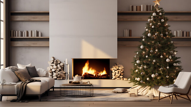 fireplace with christmas decorations and christmas tree in a white modern living room