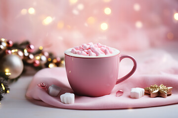 Obraz na płótnie Canvas cup of hot chocolate with marshmallows with pink christmas background
