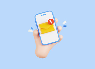 3D Cartoon hand holding mobile phone with envelope mail and notification.