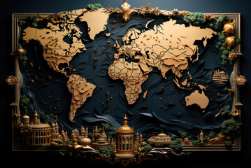 World map in a creative frame in dark colors